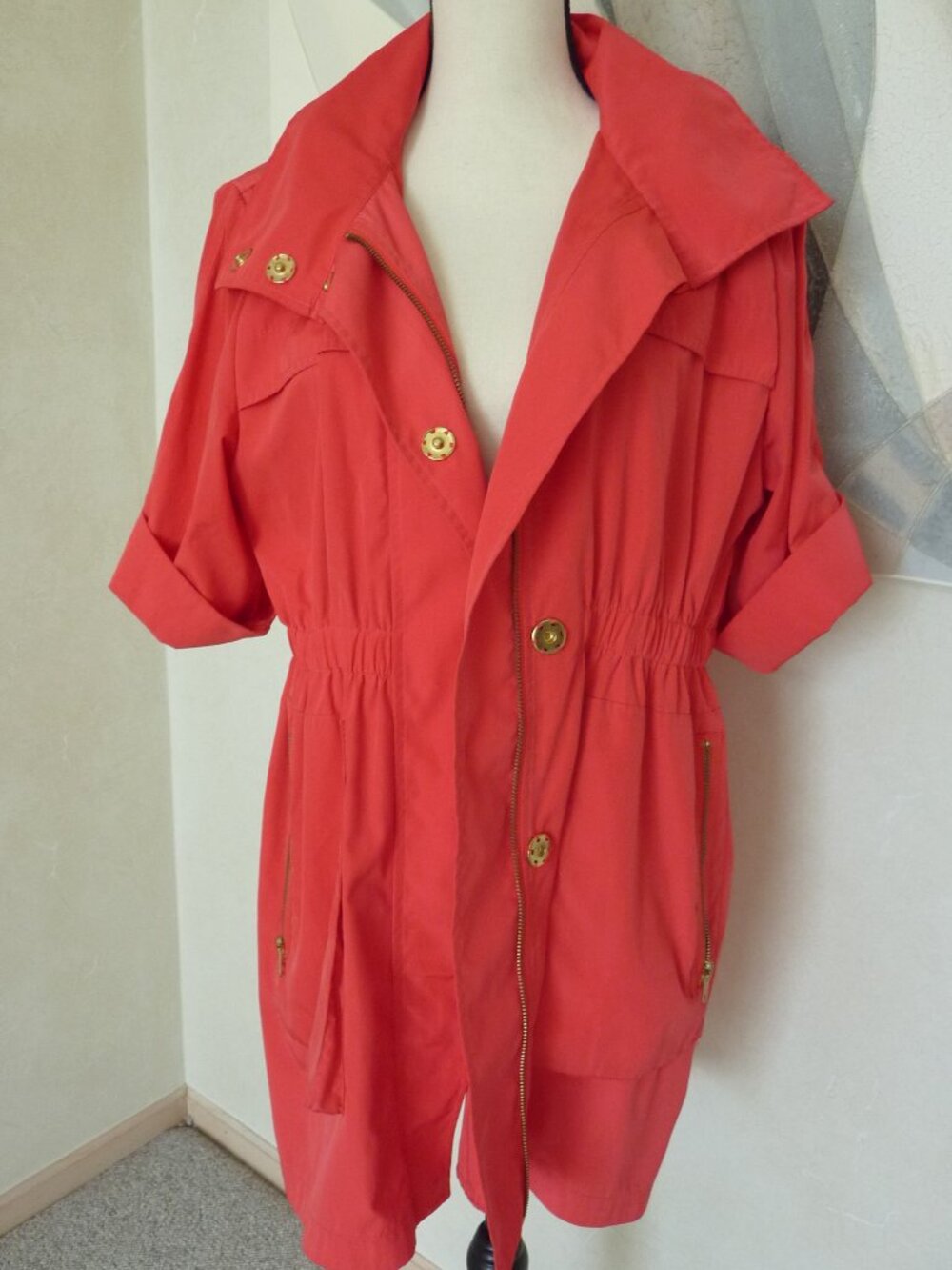 $275 Ali Ro Red Orange Anorak Jacket Rain Coat 3/4 Sleeve Hidden Hood SZ 10 M L